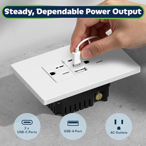 Image of TOPGREENER 4.2A 3-Port Type C USB Outlet, 15 Amp Receptacle Plug, Charging Power Outlet with Dual Type C&A Ports, Screwless Wall Plate Included, UL Listed, TU21542AC2-WSID, White, 10 Pack