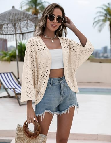 Image of Zeagoo Womens Summer Crochet Cardigan Sweaters Lightweight Open Front 3 /4 Sleeve Batwing Kimono Boho Knit Cover Ups 2026