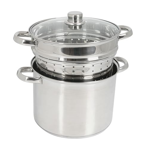 Crealys 504626, Cuit-pâtes Olympe 8 litres Inox, diam. 24 cm - couvercle en verre et panier à pâtes / légumes - tous feux dont induction, Gris