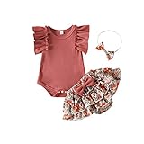 Kaipiclos Infant Baby Girl Clothes Cute Summer Outfit Shorts Set Solid Ribbed Ruffle Top Romper Flor
