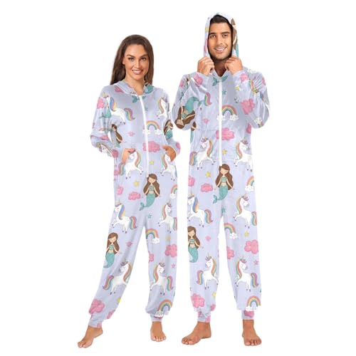 CHIFIGNO Lindo mameluco de sirena unicornio morado para adultos, disfraz de Halloween, Navidad, cosplay, mameluco con capucha, Lindo unicornio sirena morado, XXX-Large