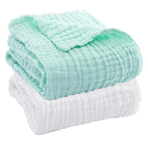 Image of Aablexema Muslin Baby Blanket Set of 2, 6-Layer 43 x 43 Inches Newborn Toddler Bath Towel Swaddle Wrap Blankets for Boys Girls (White&Green)