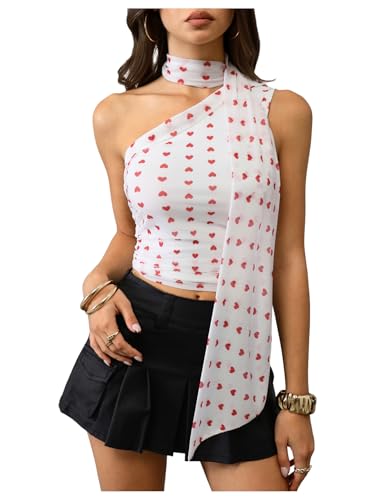 Image of RoseSeek Women's Y2K Leopard Polka Dots Halter Asymmetrical Neck Crop Tops | One Shoulder, Slim Fit, Sleeveless, Cheetah Print, Summer Tops, Scarf Tops, Party, Going Out Tops