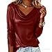 JOAU Women's Faux Leather Draped Cowl Neck Ruched Long Sleeve Tops Dressy Casual Fashion Going Out Shirt Work Business Blouse Red