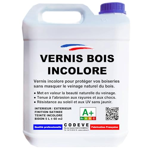 Vernis Bois Incolore - Codeve Bois - 5L - Intérieur/extérieur - Pour Garder La Transparence Des Veines Du Bois Sans Les Masquer.