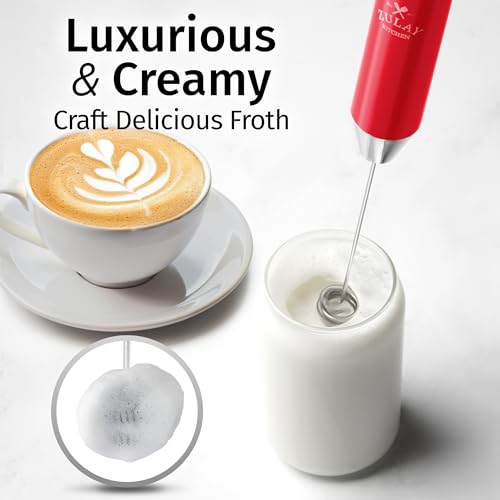 Image of Zulay Kitchen Rechargeable Milk Frother Handheld - Frother Wand, Drink Mixer, Electric Whisk Frother, for Cappuccinos, Matcha & Protein Powder - Lux Double Whisk 2 Speed Waterproof 2000mAh Red