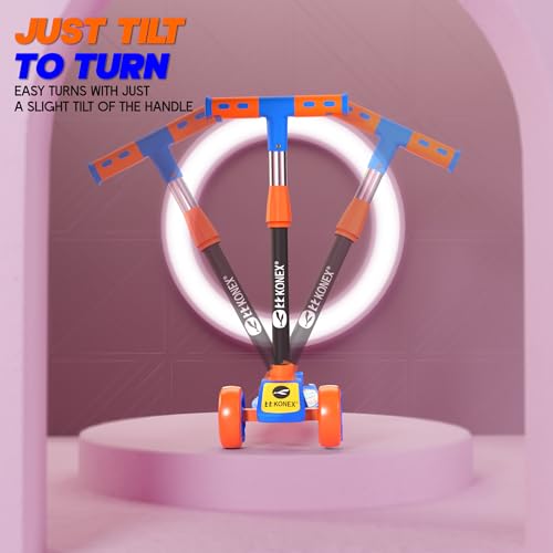 Image of Konex Kick Scooter for Kids (2+ Years) | 3 Broad Rubber Wheels for Smooth Ride | 4-Level Height Adjustable Handle | Foldable & Portable with Back Brake (Blue-Orange, ECO)