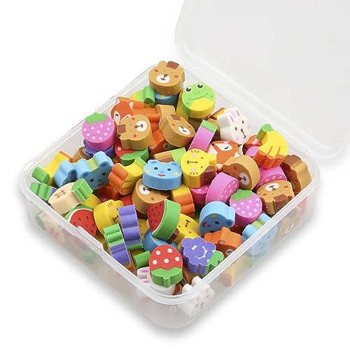 Rumyve 100 Pcs Mini Cube Erasers - Cute Animal and Fruit Shaped Pencil Erasers for Students, Party Gifts, Classroom Rewards (Fruits and Animals)