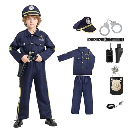 Joyincoser Costume de policier pour enfants avec casquette de policier, menottes, chemise de policier, pantalon, radio et sifflet pour garçons et filles Halloween Carnaval (Petit)