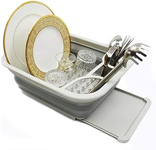 SAMMART Collapsible Dish Drainer with Drainer Board - Foldable Drying Rack Set - Portable Dinnerware Organizer - Space Saving Kitchen Storage Tray (Grey)