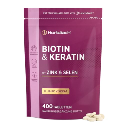 Biotin Keratin Tabletten für Haare mit Zink & Selen | +1 Jahr Vorrat - 400 Tabletten | Haar Vitamine | Hochdosiert | Horbaach