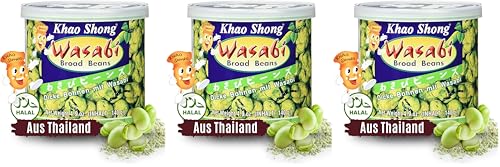 Khao Shong Dicke Bohnen mit Wasabi, knackige Bohnen im scharfem Teigmantel, fettärmere Alternative zu Nüssen, mittlere Schärfe, (1 x 140 g Dose) (Packung mit 3)