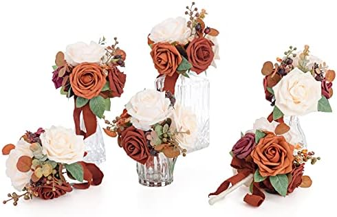 Ling's Moment Wedding Flowers Mini Bridesmaid Bouquets Set of 6 Pre-Made Small Floral Wedding Centerpieces (Terracotta)