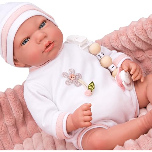ARIAS - Reborn Lola Puppe, 40 cm, mit weißer Kleidung und rosa Mütze und Babywanne, Neugeborenes mit Vinylkörper, Windelzubehör, Schnuller und Schnuller, Spielzeug für Kinder ab 3 Jahren (ARI98110) – Bild 4