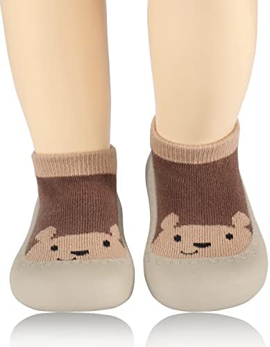 SEBELLST Baby Boy Sock Shoes Animal Rubber Sole Non-Skid Indoor Slipper Infant Boys First Walking Floor Slipper Toddler Soft Sole Cotton Breathable Lightwewight Baby Shoes(Brown Bear, 9-12 months)
