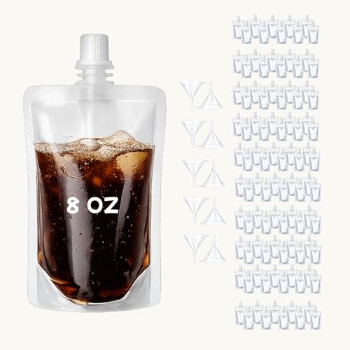 JueLanvie 100 Pcs Plastic Flasks, 8 Oz Drink Pouches for Cruise & Festival