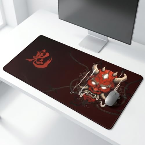 Image of Extended Desk Mat 458 x 915 mm | Premium Abstract Purple Desk Mat with Stitched Edges | 3mm Thick Non-Slip Desk Pad for Gaming, Office & Workstation (Oni - Red)