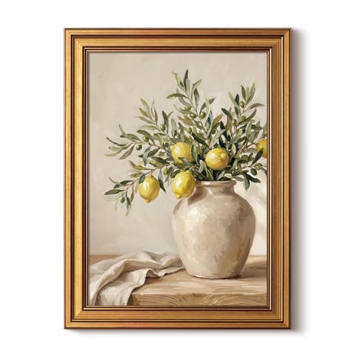 Image of HUARCEY Gold Framed Vintage Wall Art for Living Room, Flowers Painting Prints Shelf Decor for Kitchen, Aesthetic Bedroom Wall Art, Best Gifts for Friends or Family - Lemon and Olive 16L x 12W