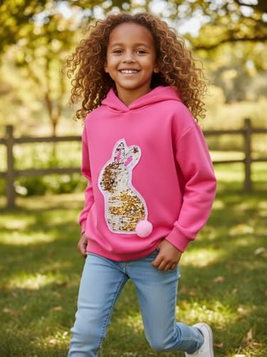 Image of WELAKEN Flip Sequin Hooded Sweatshirts for Girls Kids Long Sleeve Sparkle Rabbit Pullover Tops Hoodies Hot Pink, 10 Years