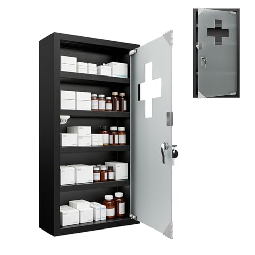 ACXIN 30x12x57 5 cm Medizinschrank aus Edelstahl Medikamentenschrank mit 4 Fächern Apothekerschrank hängend Arzneischrank abschließbar Hausapotheke Medikamenten Aufbewahrung Schwarz
