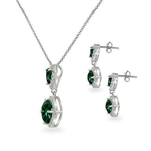 B. Brilliant Drop Earrings For Women Sterling Silver Necklace Synthetic Green Quartz And White Topaz Pendant Dangle Ear Emerald Color Jewelry Set For Girls Teens Bridesmaids Prom #TOP4
