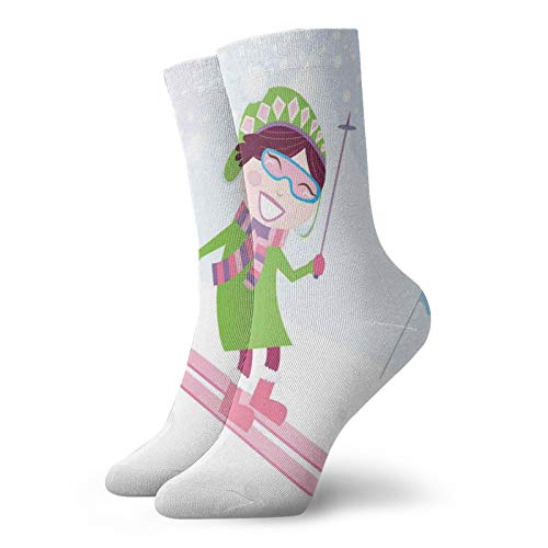 Sports Fashion Compression Socks,Skiing Girl On Snowy Hill Joy,Performance Polyester Cushioned Athletic Crew Socks for Running,Athletic,Multicolor -12 inch