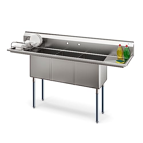 Image of KoolMore 75 in. Three Compartment 18-Gauge Stainless-Steel NSF Commercial Kitchen Sink, Bowl Size 15x15x14, with Three Basins and Pre-Drilled Faucet Holes for Restaurants and Cafes (KM-SC151514-15B3)
