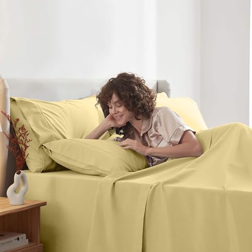 Image of Nestl Extra Deep Twin Sheet Set - 4 Piece Breathable & Cooling Sheets - Hotel Luxury Bedding Set w /18-24 Inch Deep Pockets - Easy & Secure Fit - Super Soft, Wrinkle Free & Comfy - Custard Yellow