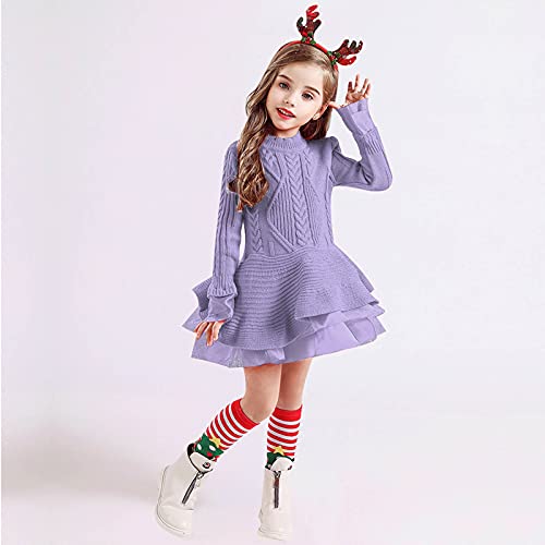 Girls Christmas Sweater Dress Toddler Kids Long Sleeve Solid Color Knit Sweater Dress Casual (Purple, 4-5 Years)3