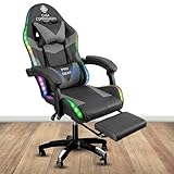 Casa Copenhagen Designed in Denmark,High-Back Italian Leather Gaming Ergonomic Chair with Advanced Mechanism with LED Light & Electric Back Massager, Memory Foam Seating - Grey & Black