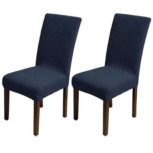 Image of House of Quirk Elegant Jacquard Chair Cover - 220 GSM Stretch Fabric, Universal Fit, Washable Short Dining Seat Protector Slipcover (Navy, Pack of 2)