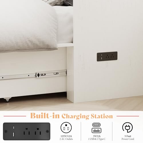 Image of AMERLIFE Twin Murphy Bed Cabinet with Charging Station and Storage Drawer, Farmhouse Foldable Platform Bed for Home Office, Apartment, Small Spaces, Distressed White