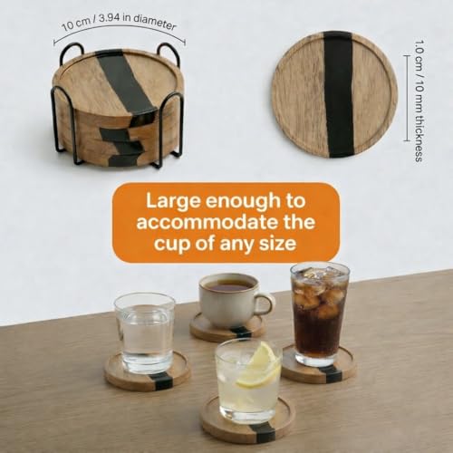 Image of Coaster Set of 4 for Dining Table - Premium Wooden Coasters with Resin Design & Metal Holder - Tea, Coffee & Glass Drink Coasters - Luxury Table Coasters for Office Desk, Kitchen & Home Decor