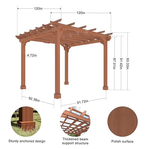 Yardenaler 10x10 FT Wooden Pergola, Fir Wood Gazebo with Flat Roof, Outdoor Garden Shelter with Stakes Included, Patio, Deck, Backyard, Lawn