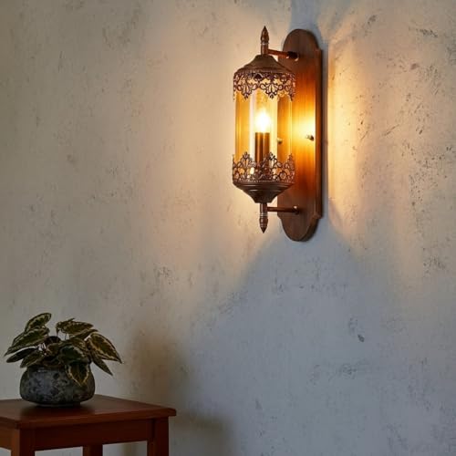 Image of Keylus Antique Wall Light for Living Room Bedroom Corridor, Moroccan Lantern Style Metal & Glass Wall Sconce, (Bilb Not Included),Pack of 1