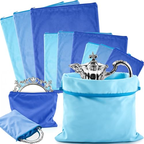 Shinylin 9 Pcs Zippered Silver Storage Bags 9 x 12 15 x 15 24 x 30 Anti Tarnish Silver Keeper Jewelry Storage Protector Bags Fabric Silverware Polishing Cloth for Jewelry Flatware(Blue Gray)