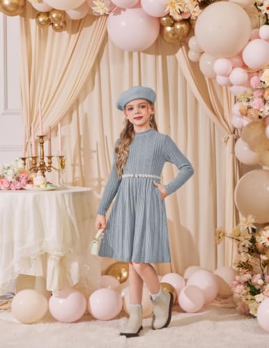 Image of Arshiner Girls Dresses Long Sleeve A Line Knit Sweater Dress with Pockets