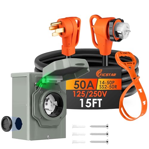 Ficstar 15FT 50 Amp Generator Cord and Power Inlet Box Kit NEMA 14-50P to SS2-50R Generator Cord Pre-Drilled 50 Amp Generator Inlet Box with 6/3+8/1 AWG STW Wire 125/250V 12500W UL&ETL Listed
