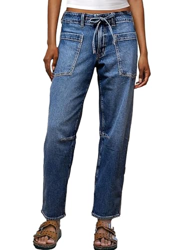 Women's Baggy Barrel Jeans Casual Boyfriend Mid Rise Wide Leg Denim Pants with Drawstring