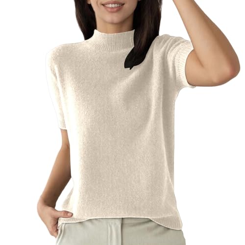 Generisch Suéter de punto informal para mujer, básico, cuello redondo, manga corta, suave, elástico, cómodo, informal, ligero, transpirable, a la moda, beige, L