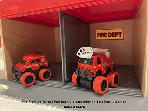 Pull Back Die-Cast Alloy Fire Truck Vehicles Play Set,Monster Truck Model Cars,Friction Powered Toy Cars,4 Pack,Toys For 3 4 5 + Years Old Kids,Christmas/Birthday Gifts For Boys & Girls,Party Favors #TOP4