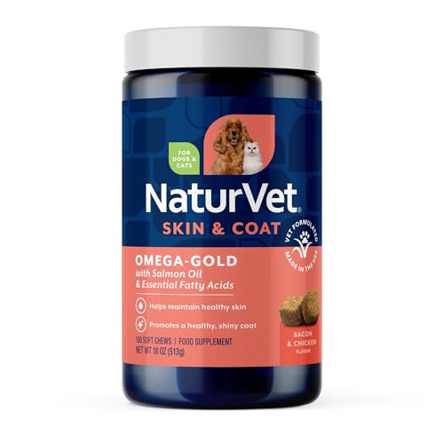 NaturVet – Omega-Gold Plus Salmon Oil | Supports Healthy Skin & Glossy Coat | Enhanced with DHA, EPA, Omega-3 & Omega-6 | for Dogs & Cats | 180 Soft Chews