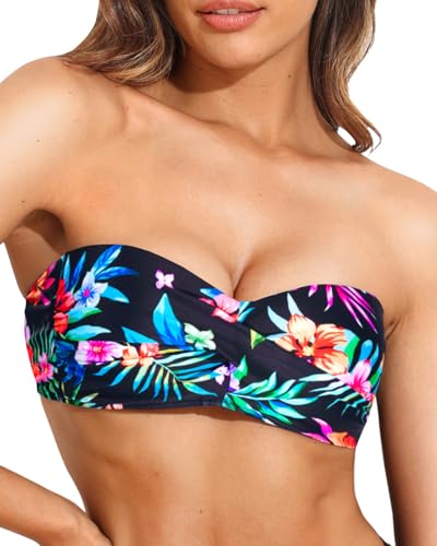 Image of Women Bandeau Bikini Top Strapless Swimsuit Top | Twist Front, Adjustable Straps, Non-Slip, Built-in Cups for Secure Fit