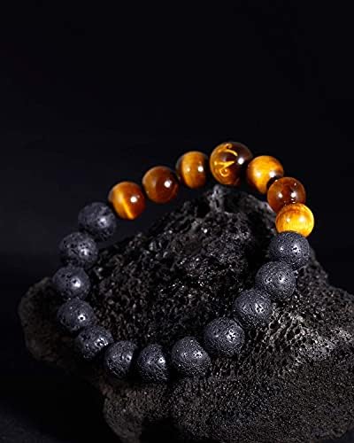 Jewboo Tiger Eye with Lava Rock Bracelet for Women Men Yoga Meditation Aromatherapy Anxiety Essential Oil Diffusion Stretch 10mm