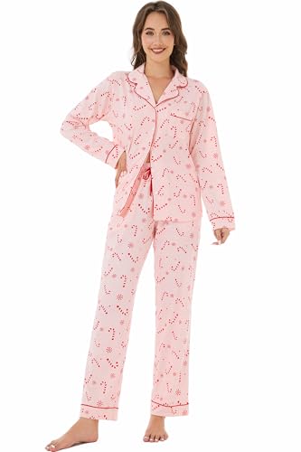 Image of LUBOT Christmas Pajamas for Women 100% Cotton Pajama 2 Piece PJ Set Soft Long Sleeve Button Xmas Print Loungewear XS-XXL
