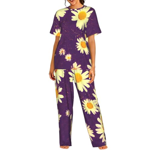 Pyjama court femme imprimé floral violet et marguerites | Vêtement de nuit doux et respirant