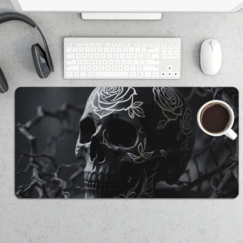 Desk Pad Protector 24x12 Inch Extended Black Floral Skull