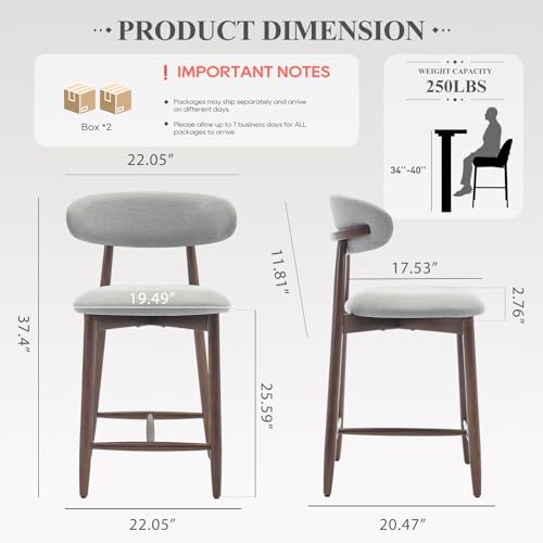 Image of Upholstered Counter Height Bar Stools Set of 4, Kitchen Island Stools with Back, Modern Counter Stools Island Bar Chairs with Wood Legs for Kitchen Island Dining Room Bar, Light Grey