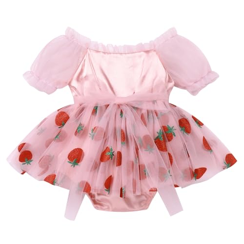 IDOPIP Strawberry 1st Birthday Outfit Girl Baby Berry One Birthday Romper Tutu Dress with Headband for Cake Smash Photo Shoot2