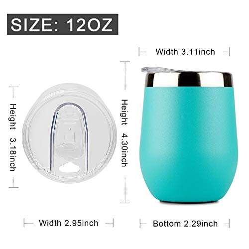 Dokio 12 Oz Cyan Wine Glasses Sippy Cup Tumbler Stemless Double Wall Vacuum Insulated With Crystal Clear Lid Unbreakable For Ice Hot Drink Coffee Champagne Cocktail Mug #TOP1